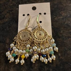 Erika Bulnes Handmade Gold and White Filigree Chandelier Earrings